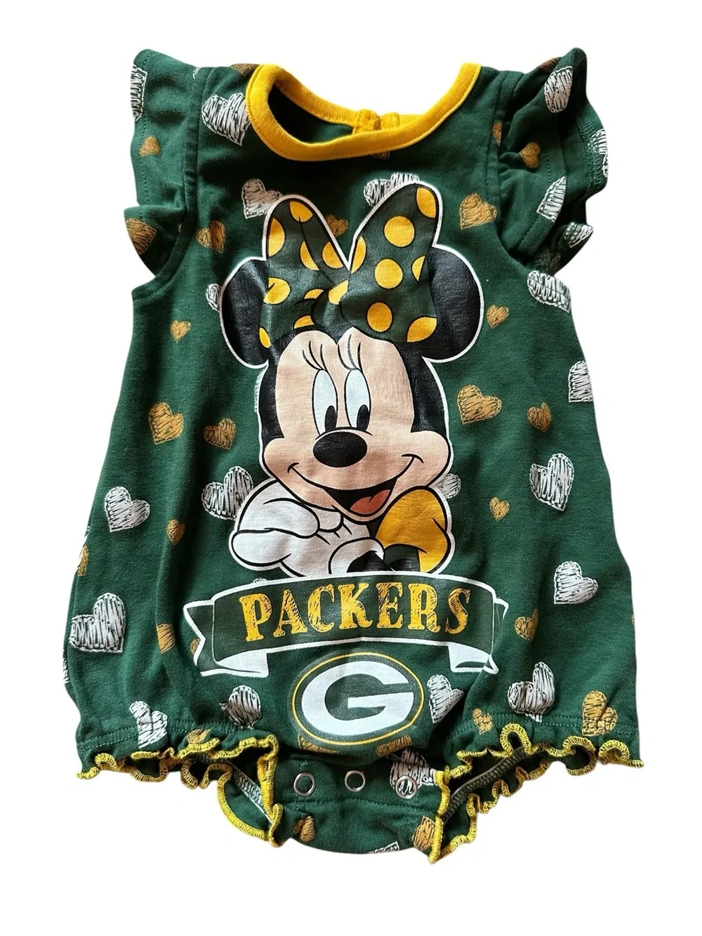 Green Bay Packers x Disney infant bubble romper featuring Minnie Mouse Size 0-3